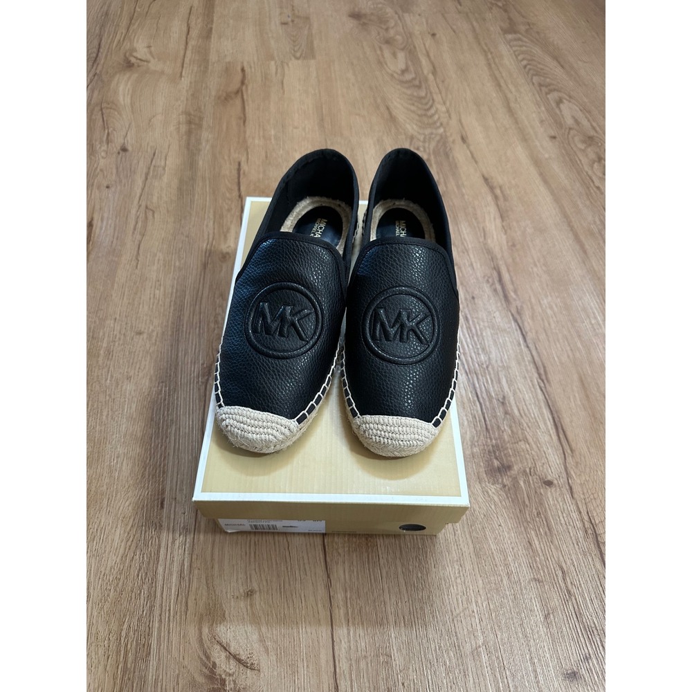 Michael Kors Hastings Espadrille 8M Black Leather MK Logo Slip On Flats New